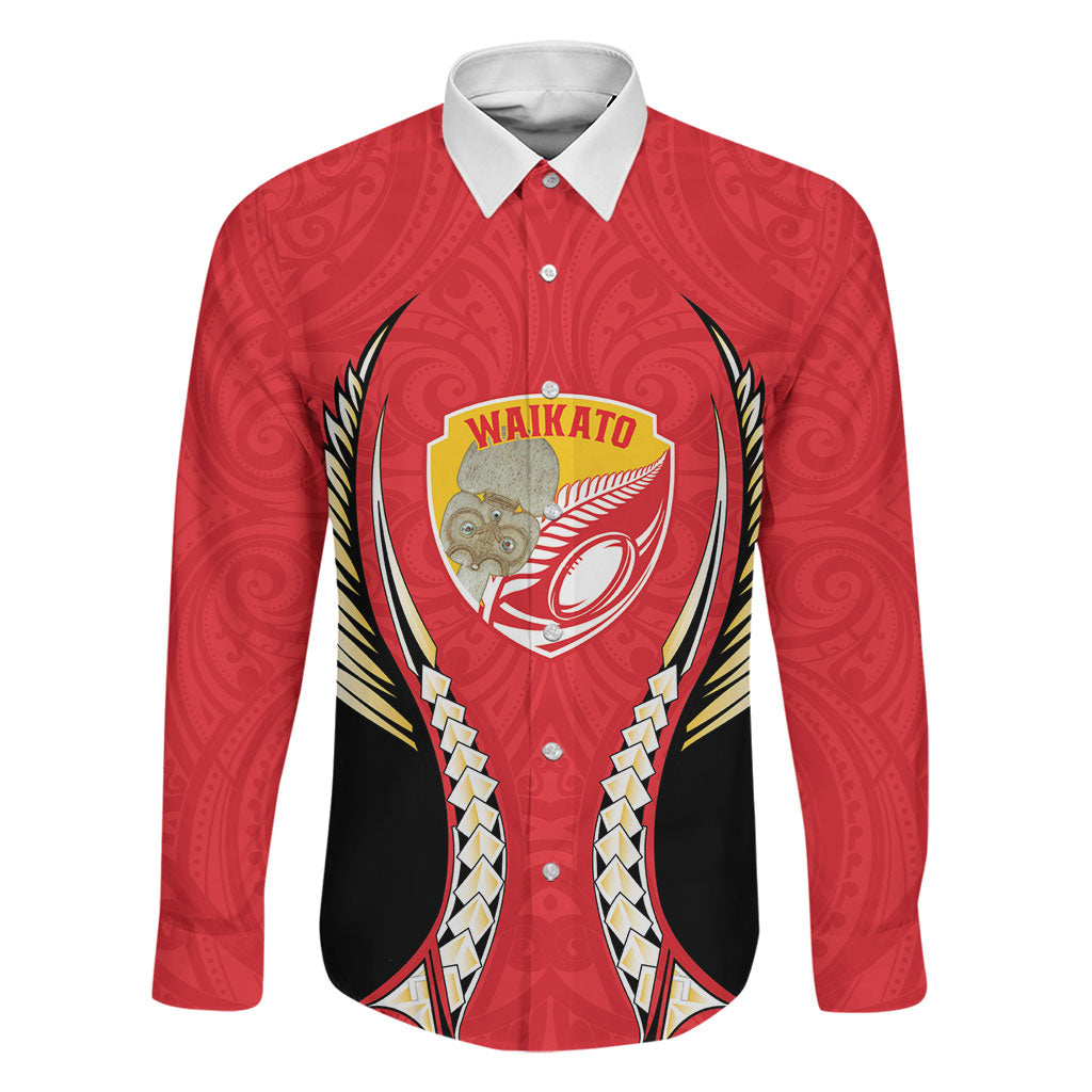 Waikato 2026 Rugby Custom Family Matching Off Shoulder Short Dress and Hawaiian Shirt NZ Maori Silver Fern LT14 Dad's Shirt - Long Sleeve Red - Polynesian Pride