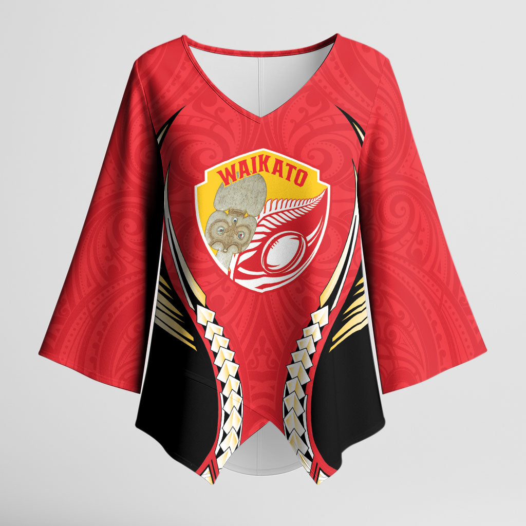 Waikato 2026 Rugby Custom Kimono Sleeve Blouse NZ Maori Silver Fern LT14 Female Red - Polynesian Pride