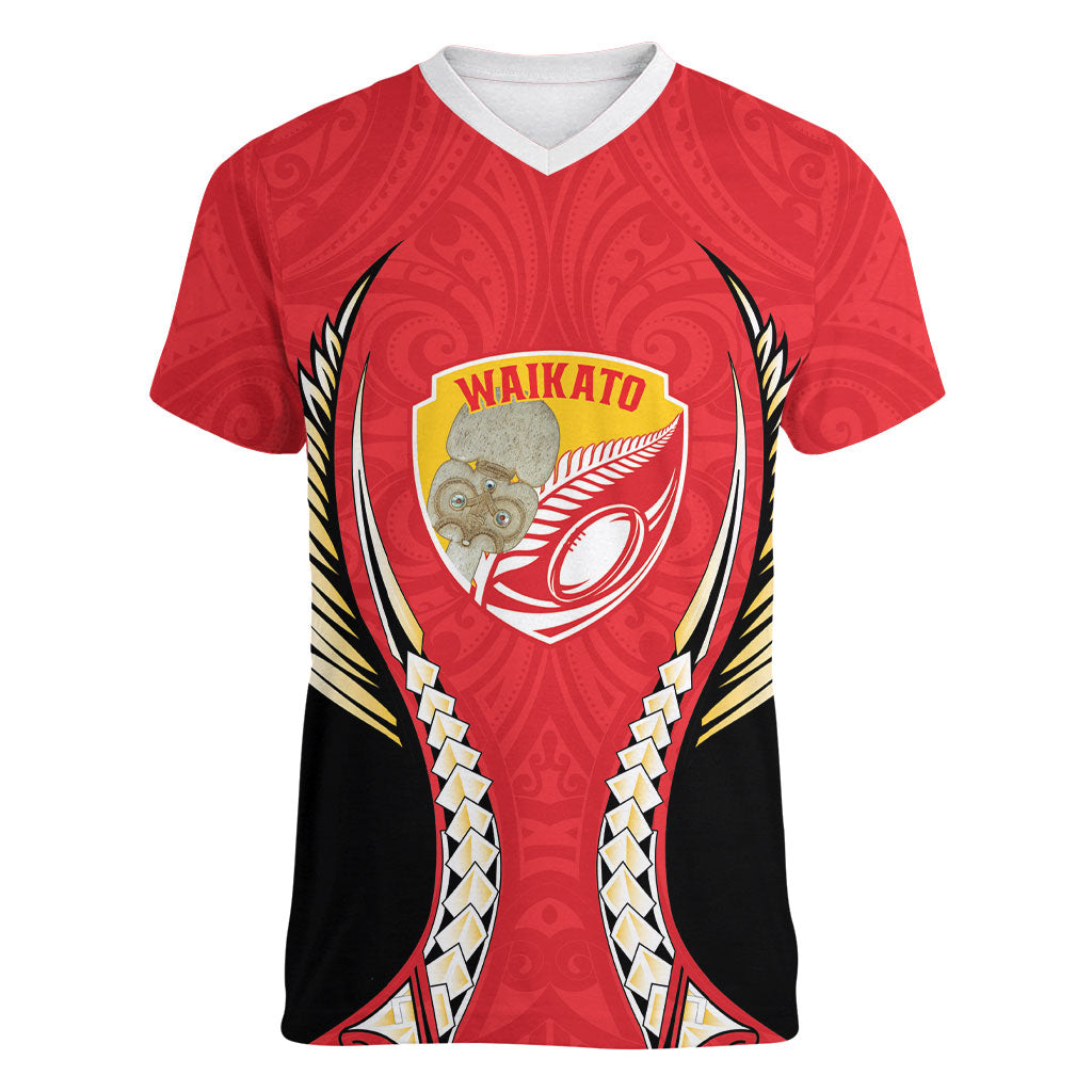Waikato 2026 Rugby Custom Women V-Neck T-Shirt NZ Maori Silver Fern LT14 Female Red - Polynesian Pride