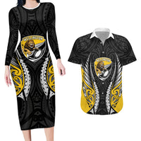 Wellington 2026 Rugby Custom Couples Matching Long Sleeve Bodycon Dress and Hawaiian Shirt NZ Maori Silver Fern LT14 Black - Polynesian Pride