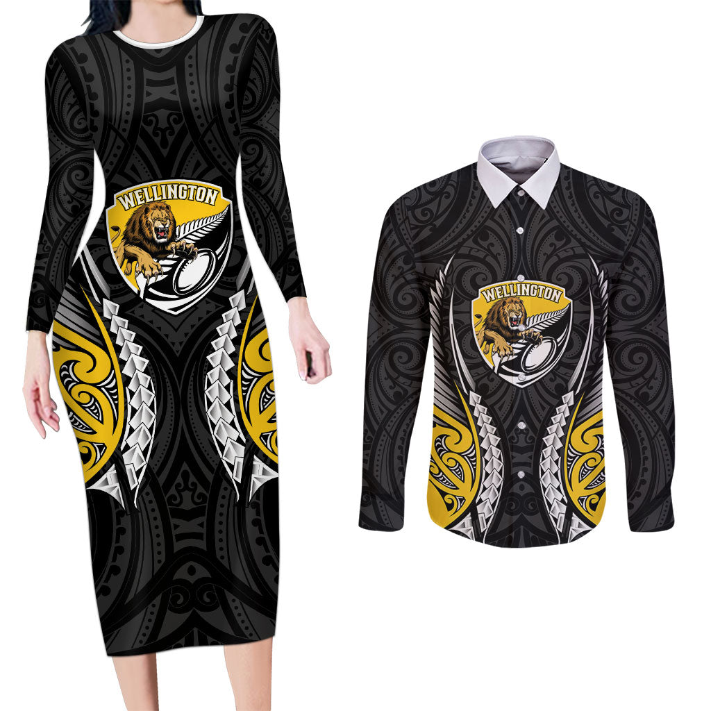 Wellington 2026 Rugby Custom Couples Matching Long Sleeve Bodycon Dress and Long Sleeve Button Shirt NZ Maori Silver Fern LT14 Black - Polynesian Pride