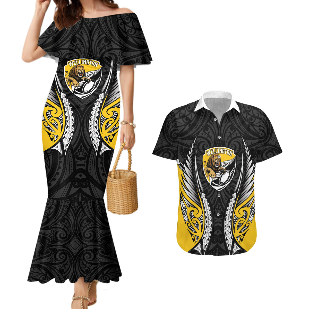 Wellington 2026 Rugby Custom Couples Matching Mermaid Dress and Hawaiian Shirt NZ Maori Silver Fern LT14 Black - Polynesian Pride