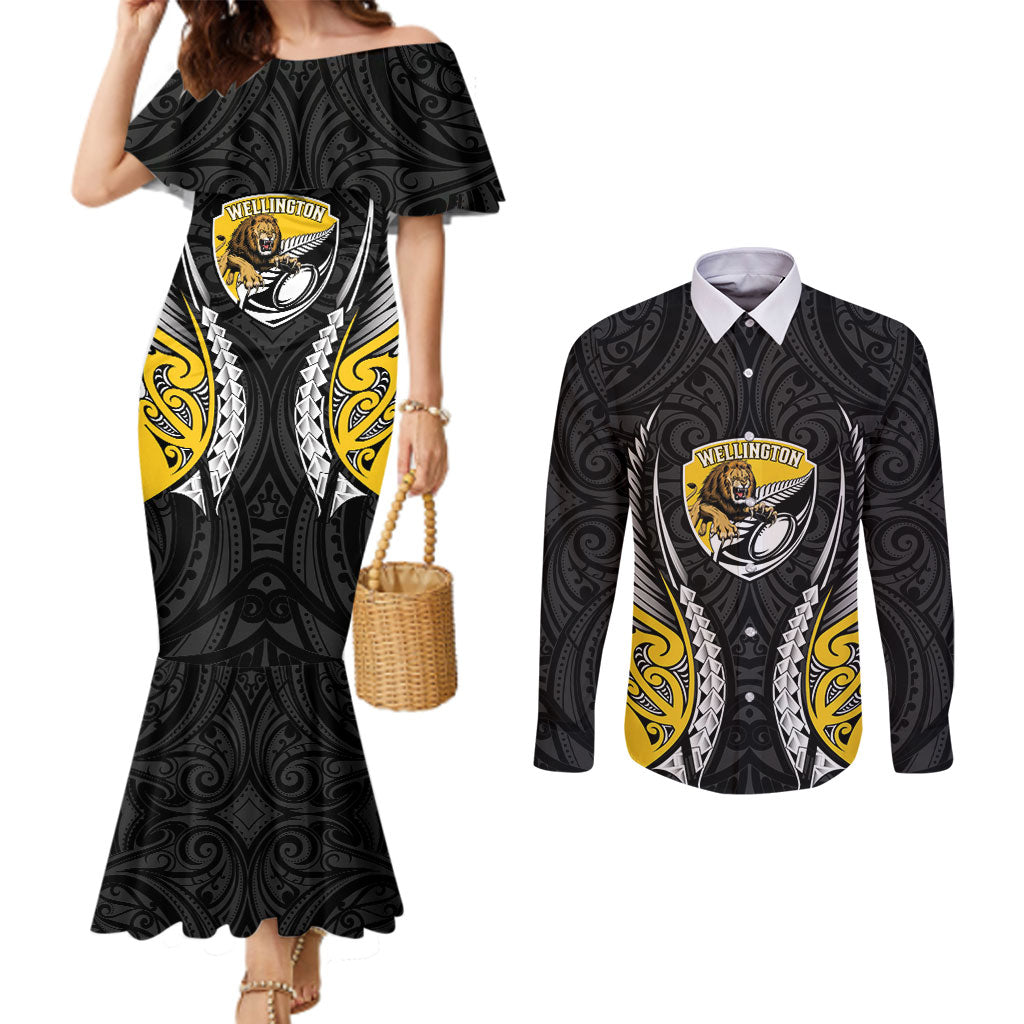 Wellington 2026 Rugby Custom Couples Matching Mermaid Dress and Long Sleeve Button Shirt NZ Maori Silver Fern LT14 Black - Polynesian Pride