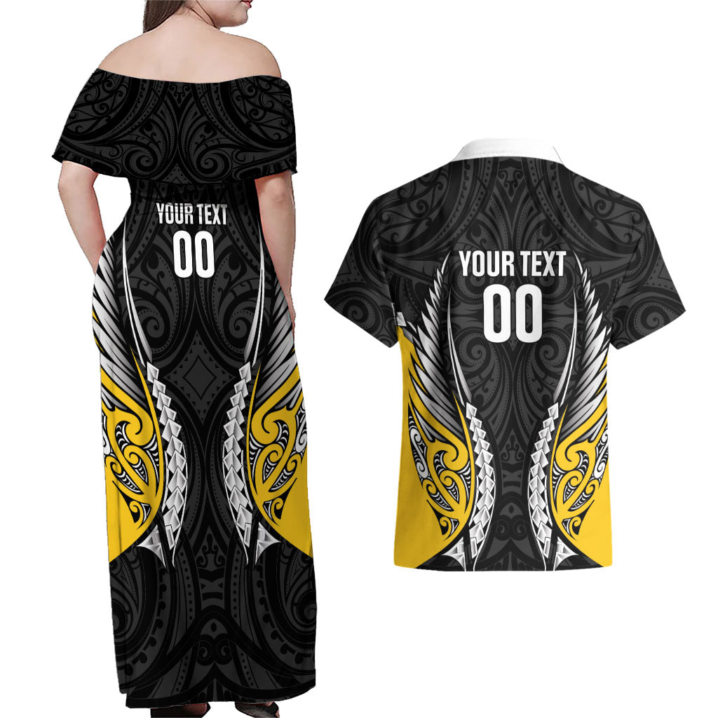 Wellington 2026 Rugby Custom Couples Matching Off Shoulder Maxi Dress and Hawaiian Shirt NZ Maori Silver Fern LT14 - Polynesian Pride