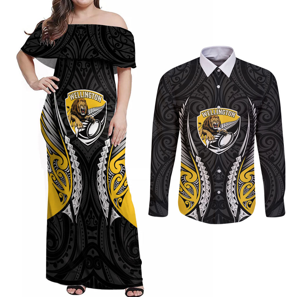 Wellington 2026 Rugby Custom Couples Matching Off Shoulder Maxi Dress and Long Sleeve Button Shirt NZ Maori Silver Fern LT14 Black - Polynesian Pride