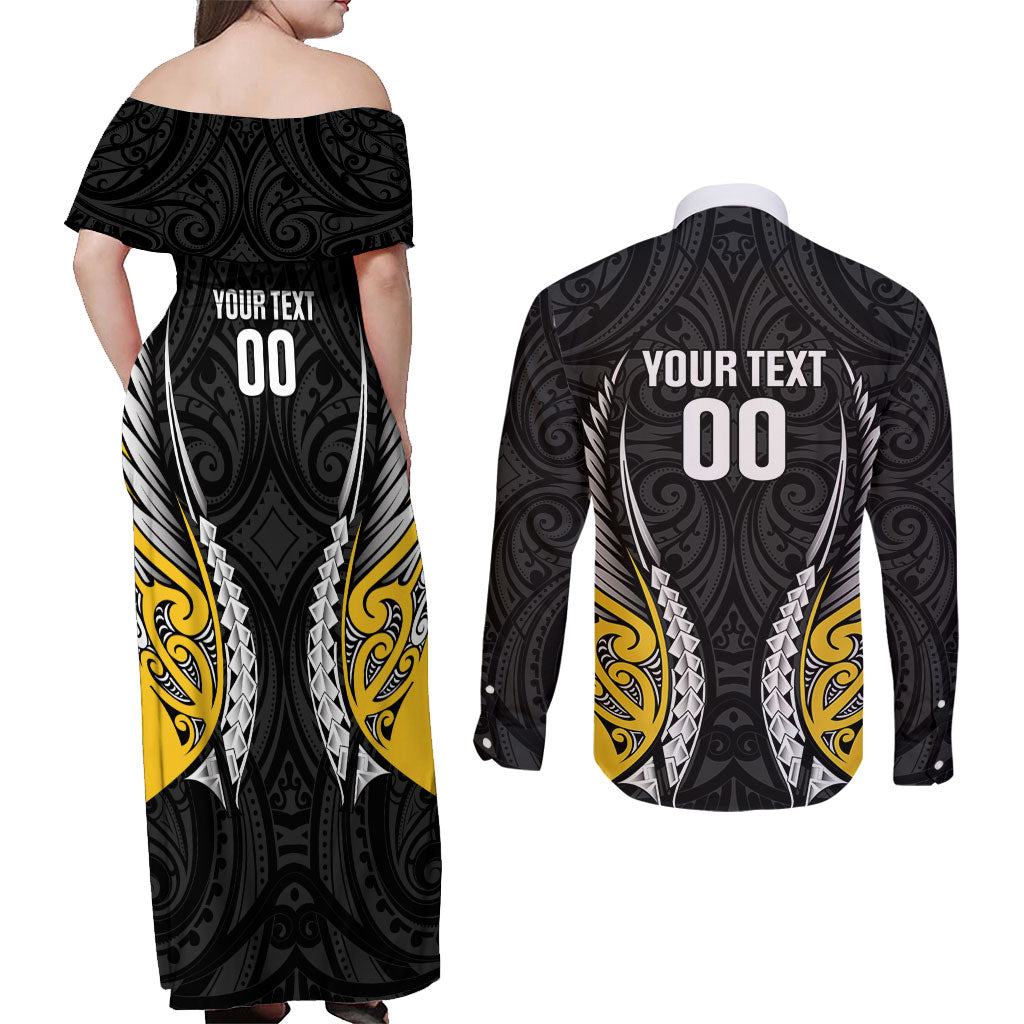 Wellington 2026 Rugby Custom Couples Matching Off Shoulder Maxi Dress and Long Sleeve Button Shirt NZ Maori Silver Fern LT14 - Polynesian Pride