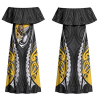 Wellington 2026 Rugby Custom Couples Matching Off Shoulder Maxi Dress and Long Sleeve Button Shirt NZ Maori Silver Fern LT14 - Polynesian Pride