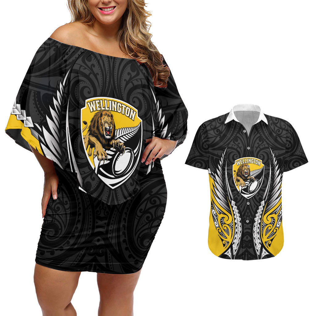 Wellington 2026 Rugby Custom Couples Matching Off Shoulder Short Dress and Hawaiian Shirt NZ Maori Silver Fern LT14 Black - Polynesian Pride