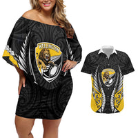 Wellington 2026 Rugby Custom Couples Matching Off Shoulder Short Dress and Hawaiian Shirt NZ Maori Silver Fern LT14 Black - Polynesian Pride