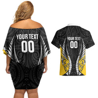 Wellington 2026 Rugby Custom Couples Matching Off Shoulder Short Dress and Hawaiian Shirt NZ Maori Silver Fern LT14 - Polynesian Pride