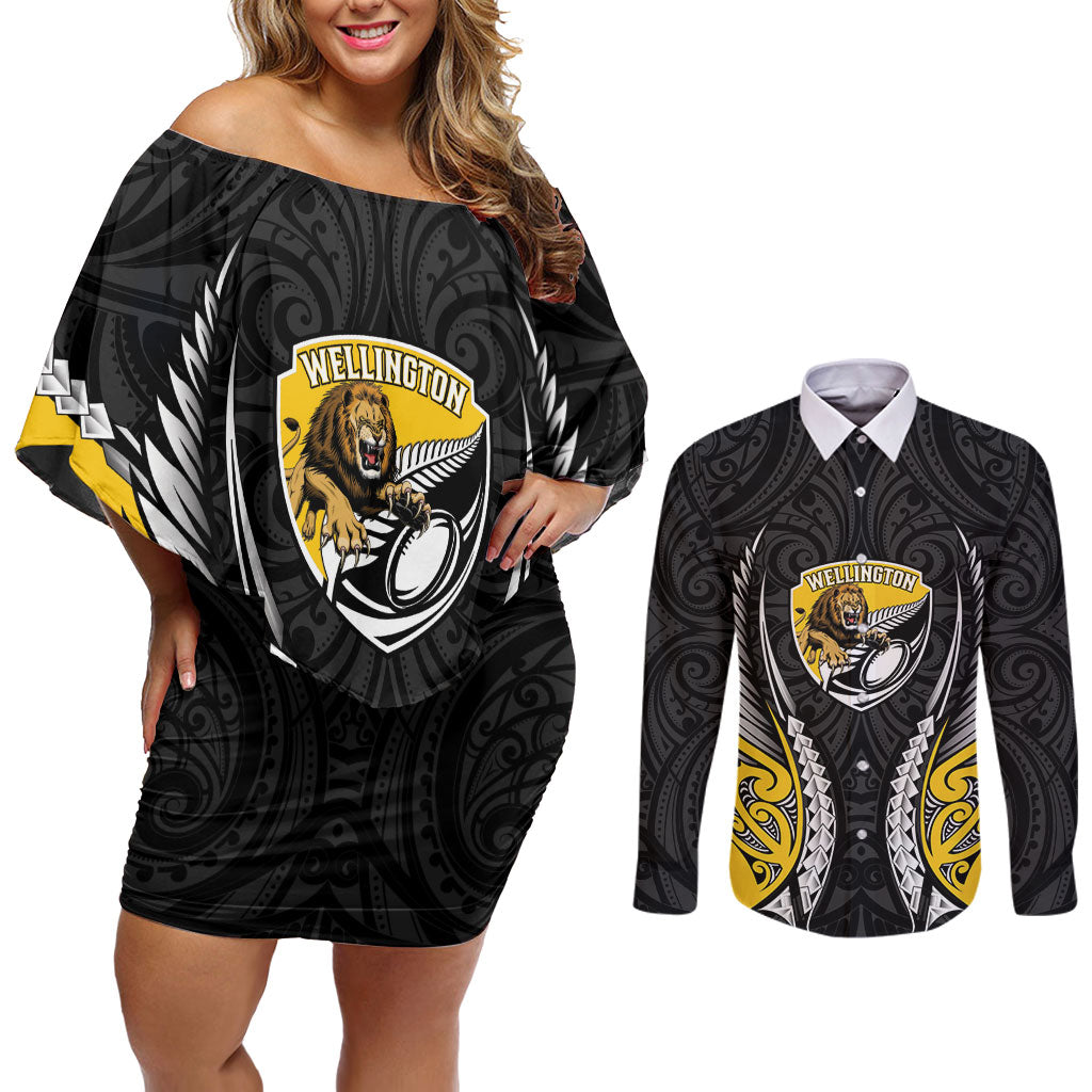 Wellington 2026 Rugby Custom Couples Matching Off Shoulder Short Dress and Long Sleeve Button Shirt NZ Maori Silver Fern LT14 Black - Polynesian Pride