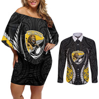 Wellington 2026 Rugby Custom Couples Matching Off Shoulder Short Dress and Long Sleeve Button Shirt NZ Maori Silver Fern LT14 Black - Polynesian Pride