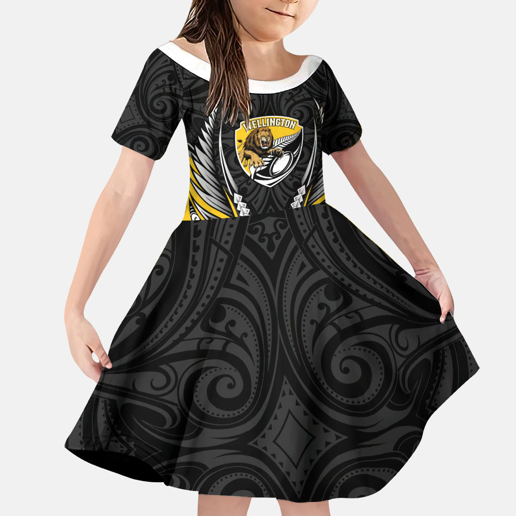 Wellington 2026 Rugby Custom Family Matching Off Shoulder Short Dress and Hawaiian Shirt NZ Maori Silver Fern LT14 Daughter's Dress Black - Polynesian Pride