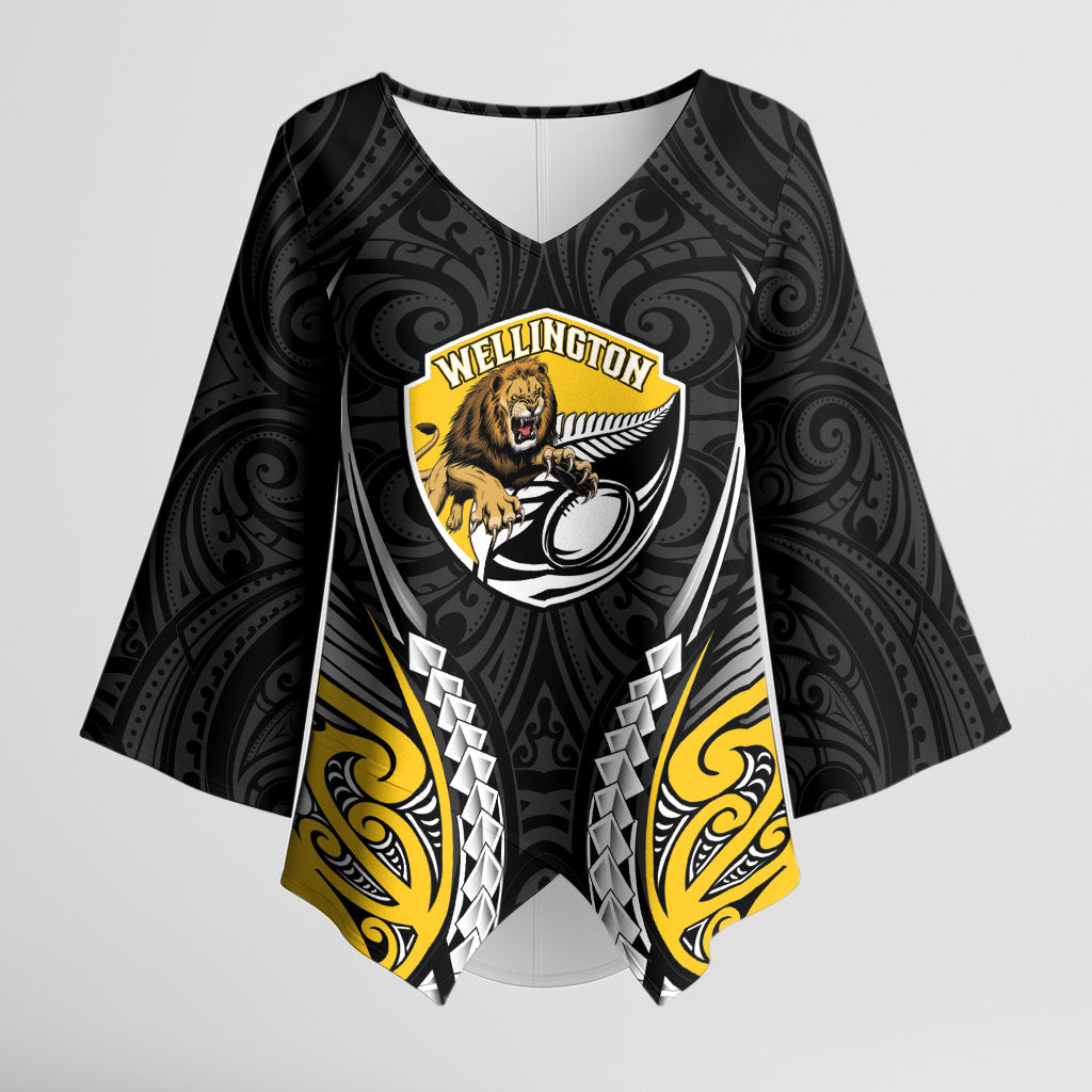 Wellington 2026 Rugby Custom Kimono Sleeve Blouse NZ Maori Silver Fern LT14 Female Black - Polynesian Pride