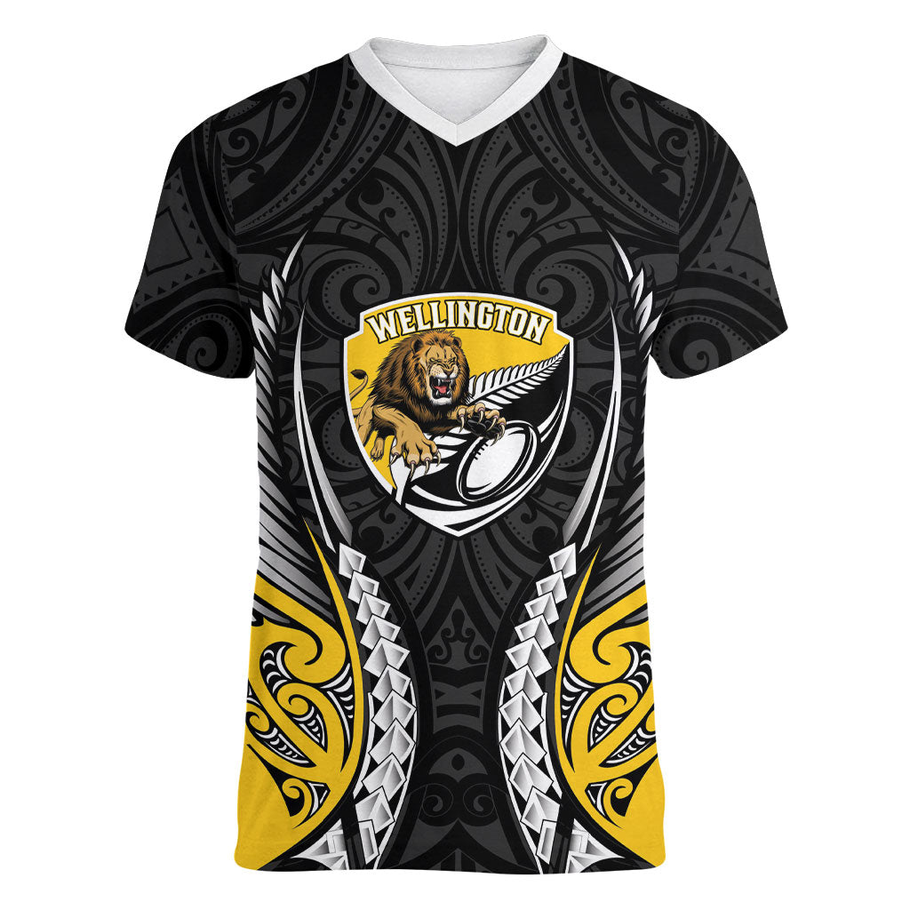 Wellington 2026 Rugby Custom Women V-Neck T-Shirt NZ Maori Silver Fern LT14 Female Black - Polynesian Pride