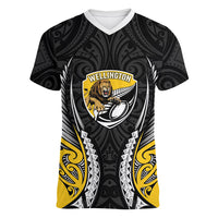 Wellington 2026 Rugby Custom Women V-Neck T-Shirt NZ Maori Silver Fern LT14 Female Black - Polynesian Pride