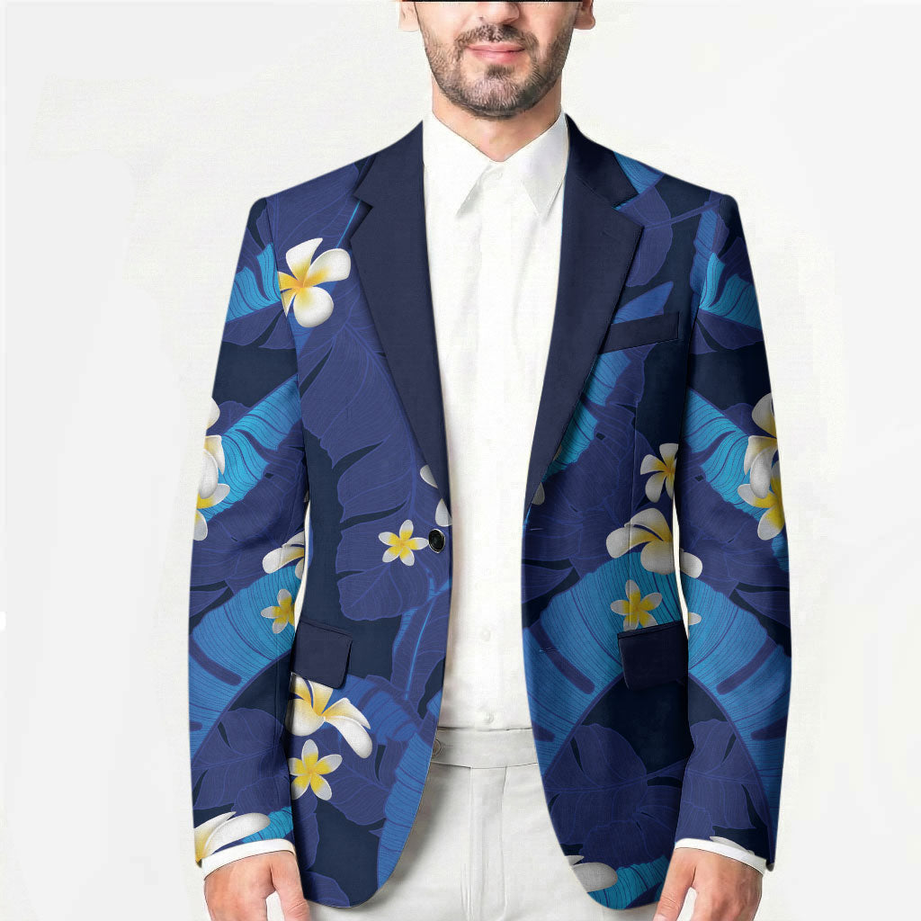 Teal Purple Banana Leaf Hawaii Blazer Lau Maia Plumeria Tropical Summer Vibes