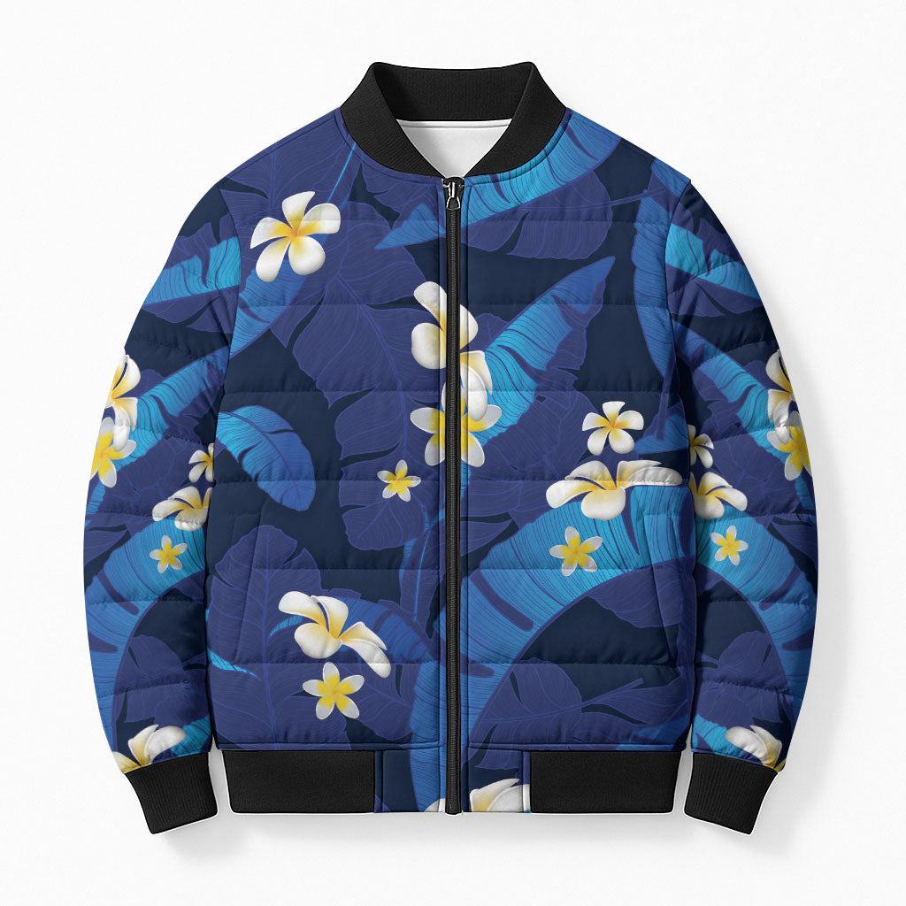 Teal Purple Banana Leaf Hawaii Bomber Puffer Jacket Lau Maia Plumeria Tropical Summer Vibes