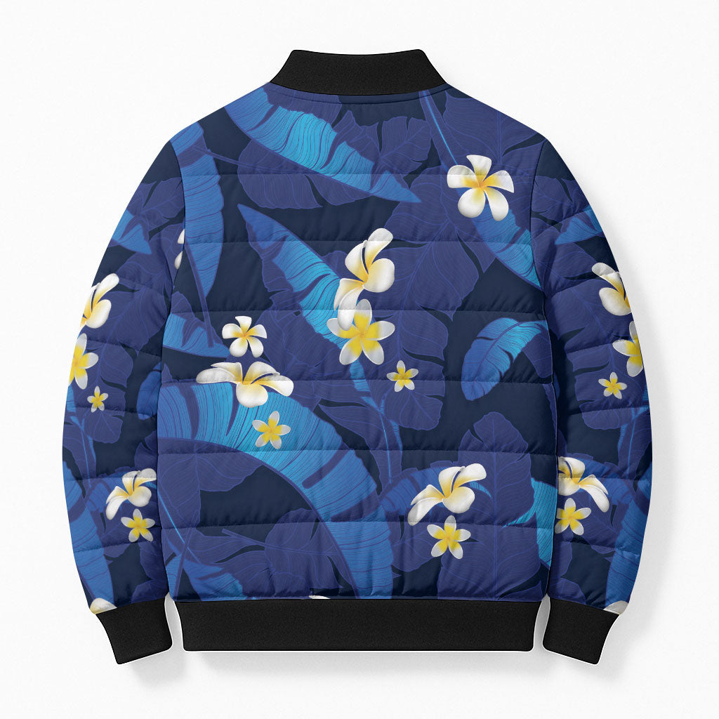 Teal Purple Banana Leaf Hawaii Bomber Puffer Jacket Lau Maia Plumeria Tropical Summer Vibes