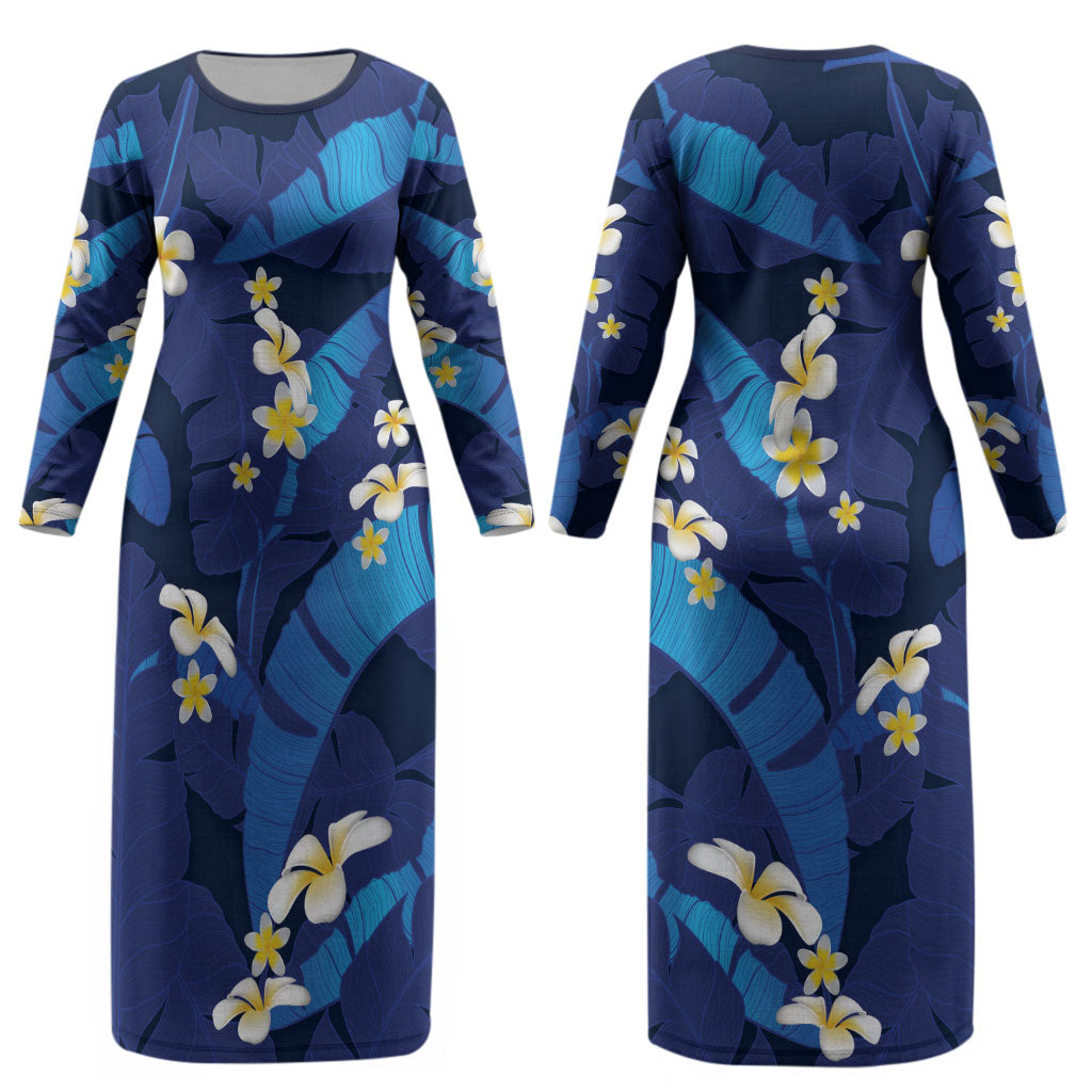 Teal Purple Banana Leaf Hawaii Couples Matching Long Sleeve Bodycon Dress and Hawaiian Shirt Lau Maia Plumeria Tropical Summer Vibes