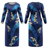 Teal Purple Banana Leaf Hawaii Couples Matching Long Sleeve Bodycon Dress and Hawaiian Shirt Lau Maia Plumeria Tropical Summer Vibes