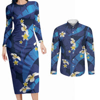 Teal Purple Banana Leaf Hawaii Couples Matching Long Sleeve Bodycon Dress and Long Sleeve Button Shirt Lau Maia Plumeria Tropical Summer Vibes
