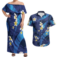 Teal Purple Banana Leaf Hawaii Couples Matching Off Shoulder Maxi Dress and Hawaiian Shirt Lau Maia Plumeria Tropical Summer Vibes