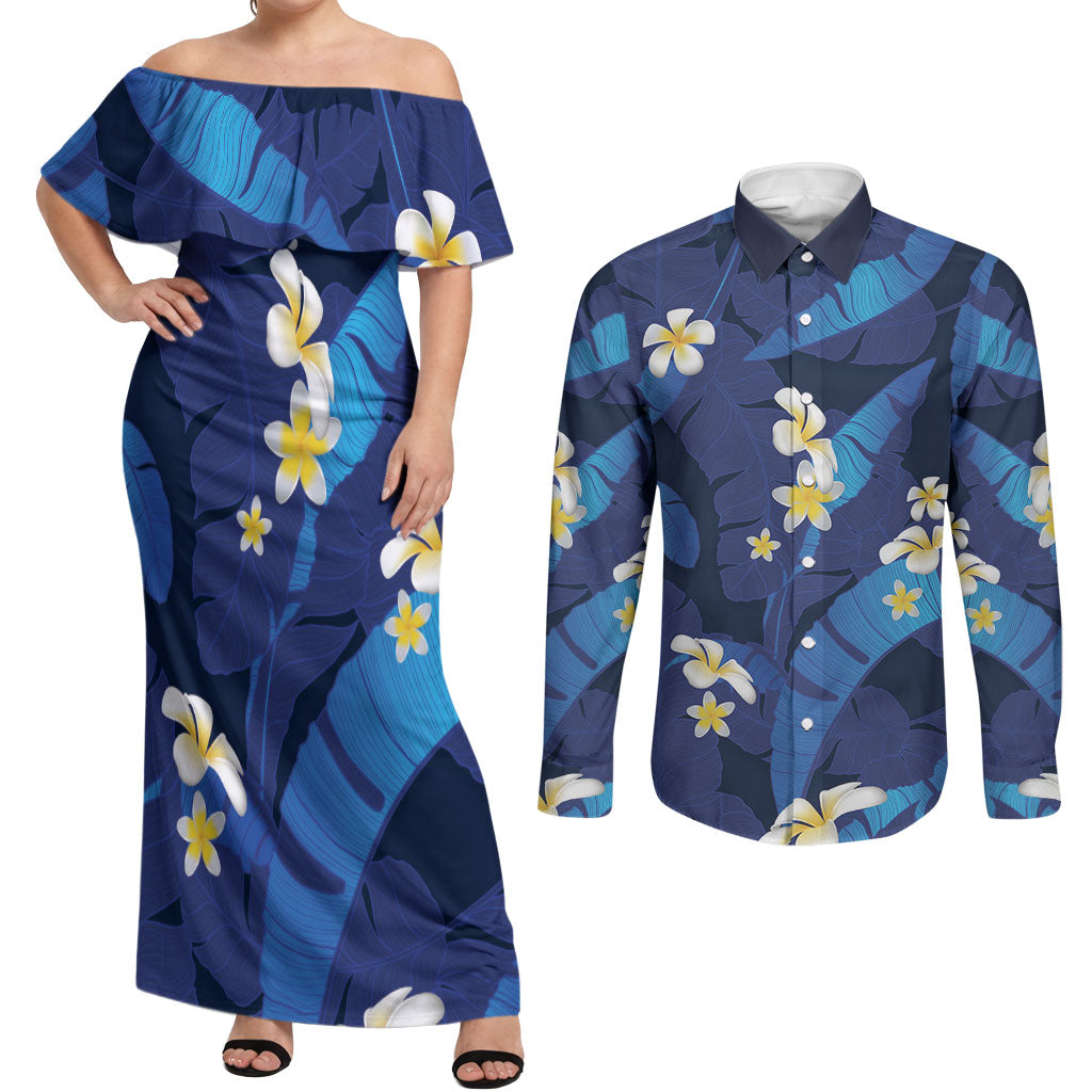 Teal Purple Banana Leaf Hawaii Couples Matching Off Shoulder Maxi Dress and Long Sleeve Button Shirt Lau Maia Plumeria Tropical Summer Vibes