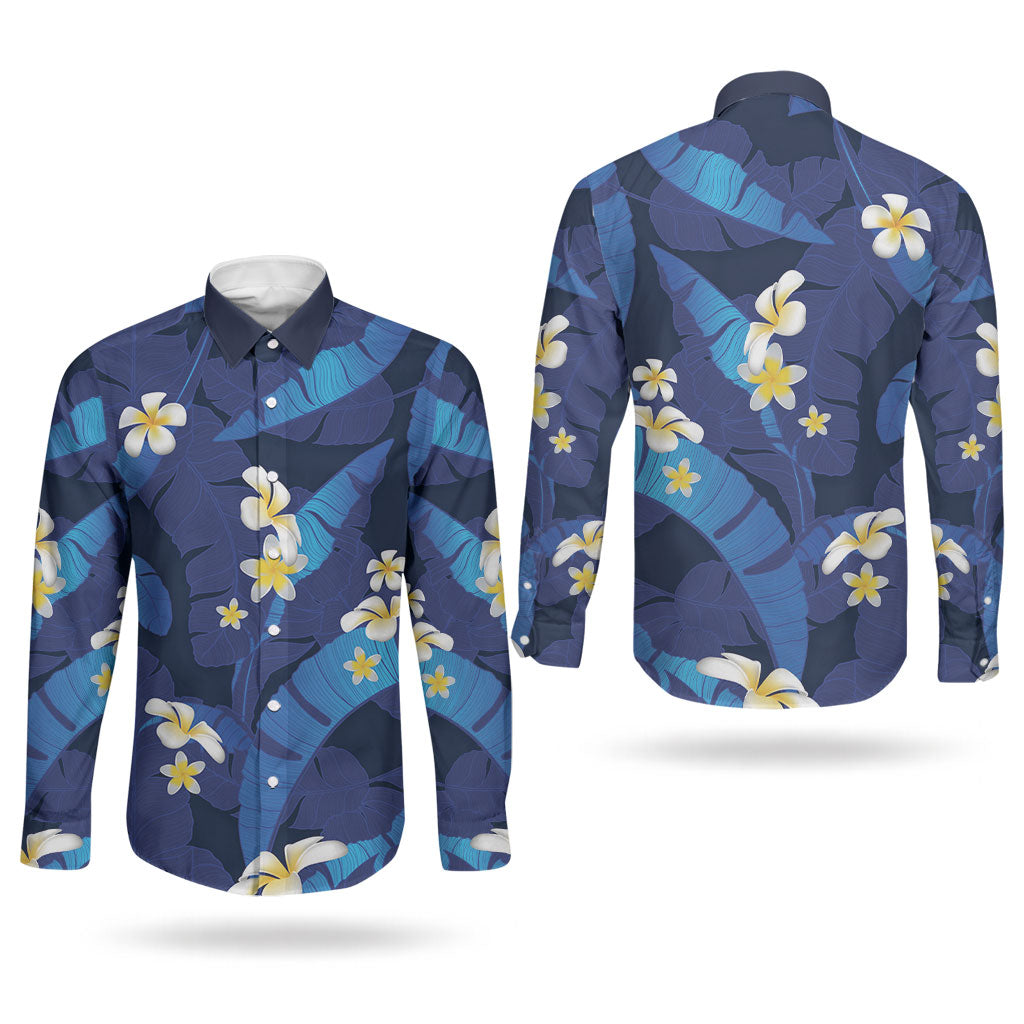 Teal Purple Banana Leaf Hawaii Couples Matching Off Shoulder Maxi Dress and Long Sleeve Button Shirt Lau Maia Plumeria Tropical Summer Vibes