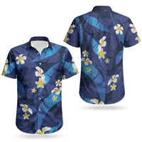 Teal Purple Banana Leaf Hawaii Couples Matching Off Shoulder Short Dress and Hawaiian Shirt Lau Maia Plumeria Tropical Summer Vibes