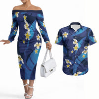 Teal Purple Banana Leaf Hawaii Couples Matching Off The Shoulder Long Sleeve Dress and Hawaiian Shirt Lau Maia Plumeria Tropical Summer Vibes
