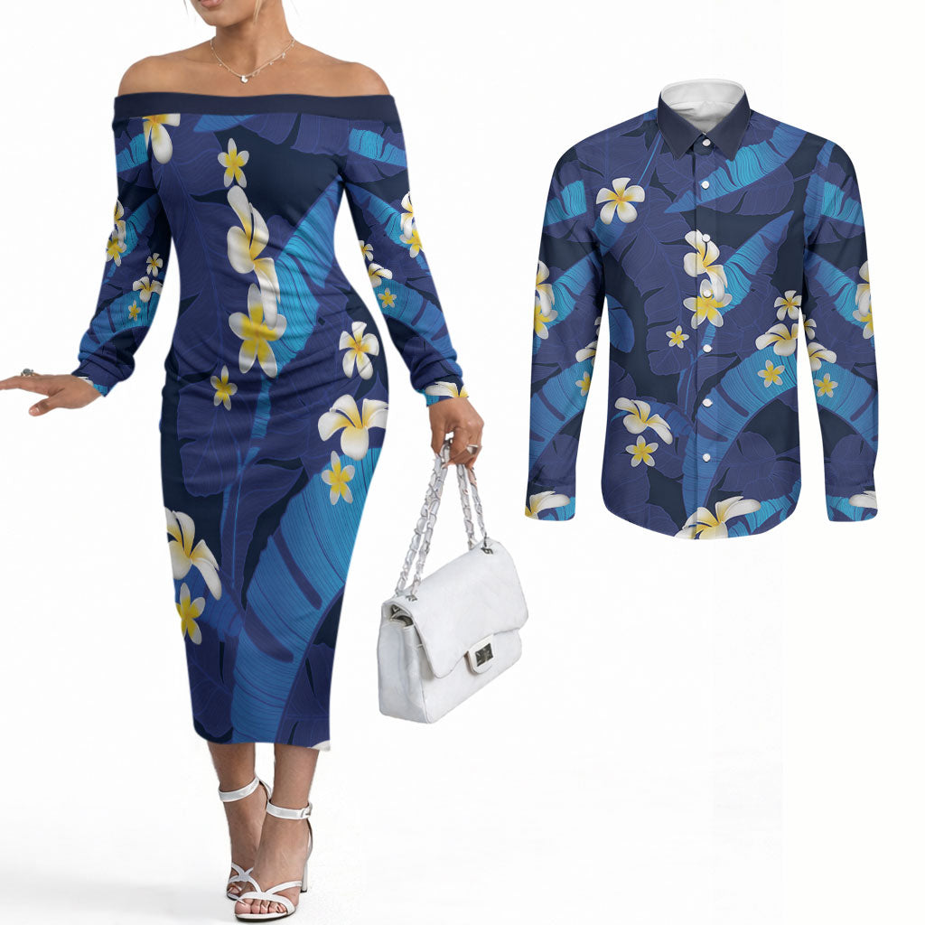 Teal Purple Banana Leaf Hawaii Couples Matching Off The Shoulder Long Sleeve Dress and Long Sleeve Button Shirt Lau Maia Plumeria Tropical Summer Vibes