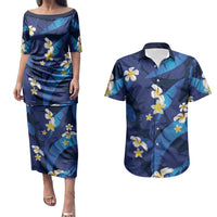 Teal Purple Banana Leaf Hawaii Couples Matching Puletasi and Hawaiian Shirt Lau Maia Plumeria Tropical Summer Vibes