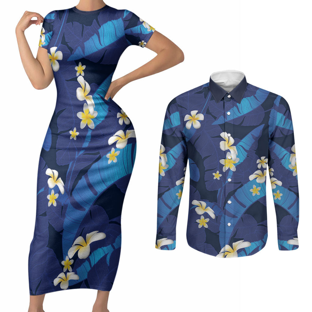 Teal Purple Banana Leaf Hawaii Couples Matching Short Sleeve Bodycon Dress and Long Sleeve Button Shirt Lau Maia Plumeria Tropical Summer Vibes