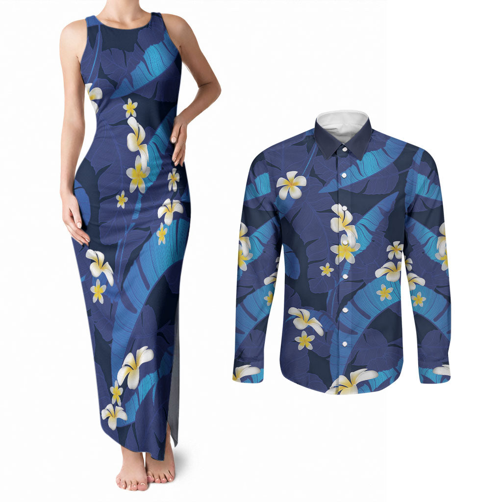 Teal Purple Banana Leaf Hawaii Couples Matching Tank Maxi Dress and Long Sleeve Button Shirt Lau Maia Plumeria Tropical Summer Vibes