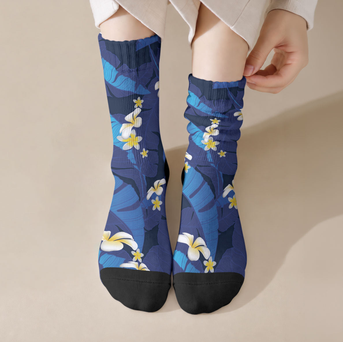 Teal Purple Banana Leaf Hawaii Crew Socks Lau Maia Plumeria Tropical Summer Vibes