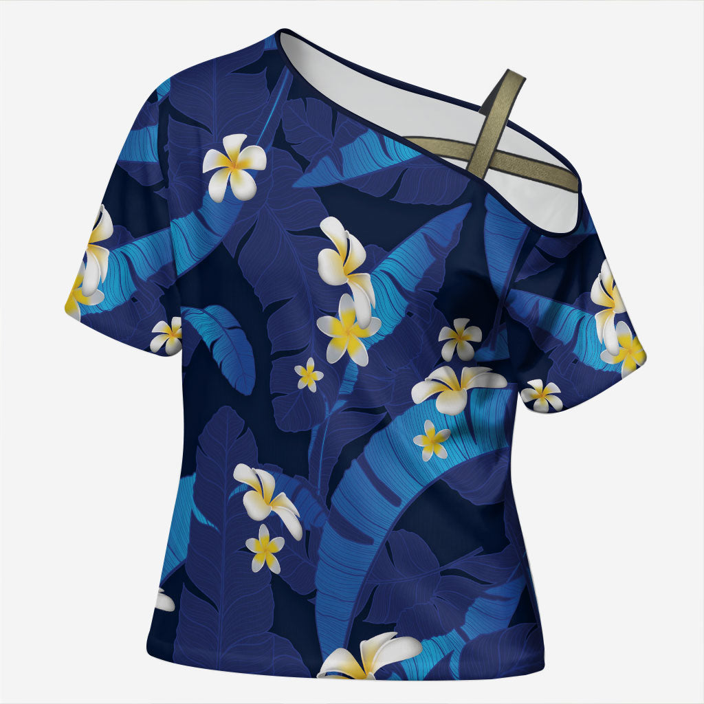 Teal Purple Banana Leaf Hawaii Cross Shoulder Shirt Lau Maia Plumeria Tropical Summer Vibes