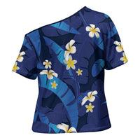 Teal Purple Banana Leaf Hawaii Cross Shoulder Shirt Lau Maia Plumeria Tropical Summer Vibes