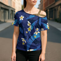 Teal Purple Banana Leaf Hawaii Cross Shoulder Shirt Lau Maia Plumeria Tropical Summer Vibes