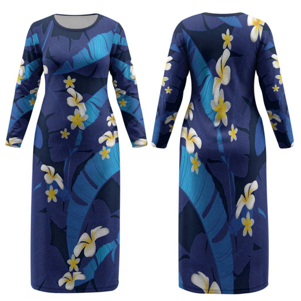 Teal Purple Banana Leaf Hawaii Family Matching Long Sleeve Bodycon Dress and Hawaiian Shirt Lau Maia Plumeria Tropical Summer Vibes