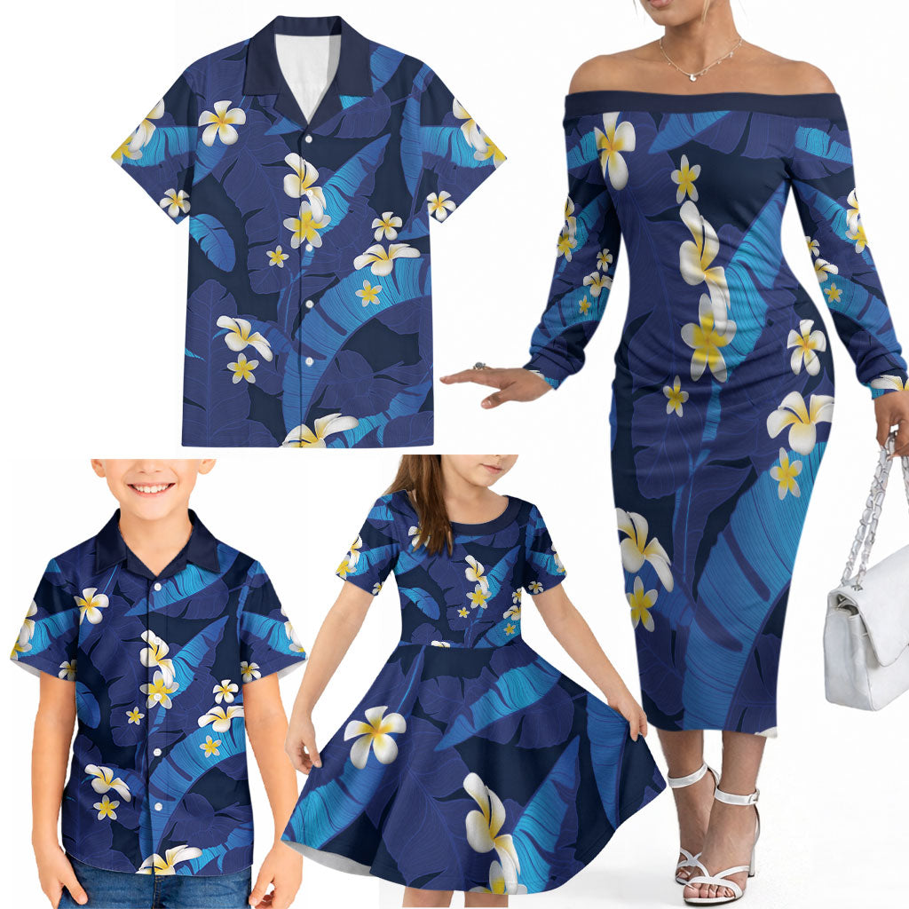 Teal Purple Banana Leaf Hawaii Family Matching Off The Shoulder Long Sleeve Dress and Hawaiian Shirt Lau Maia Plumeria Tropical Summer Vibes