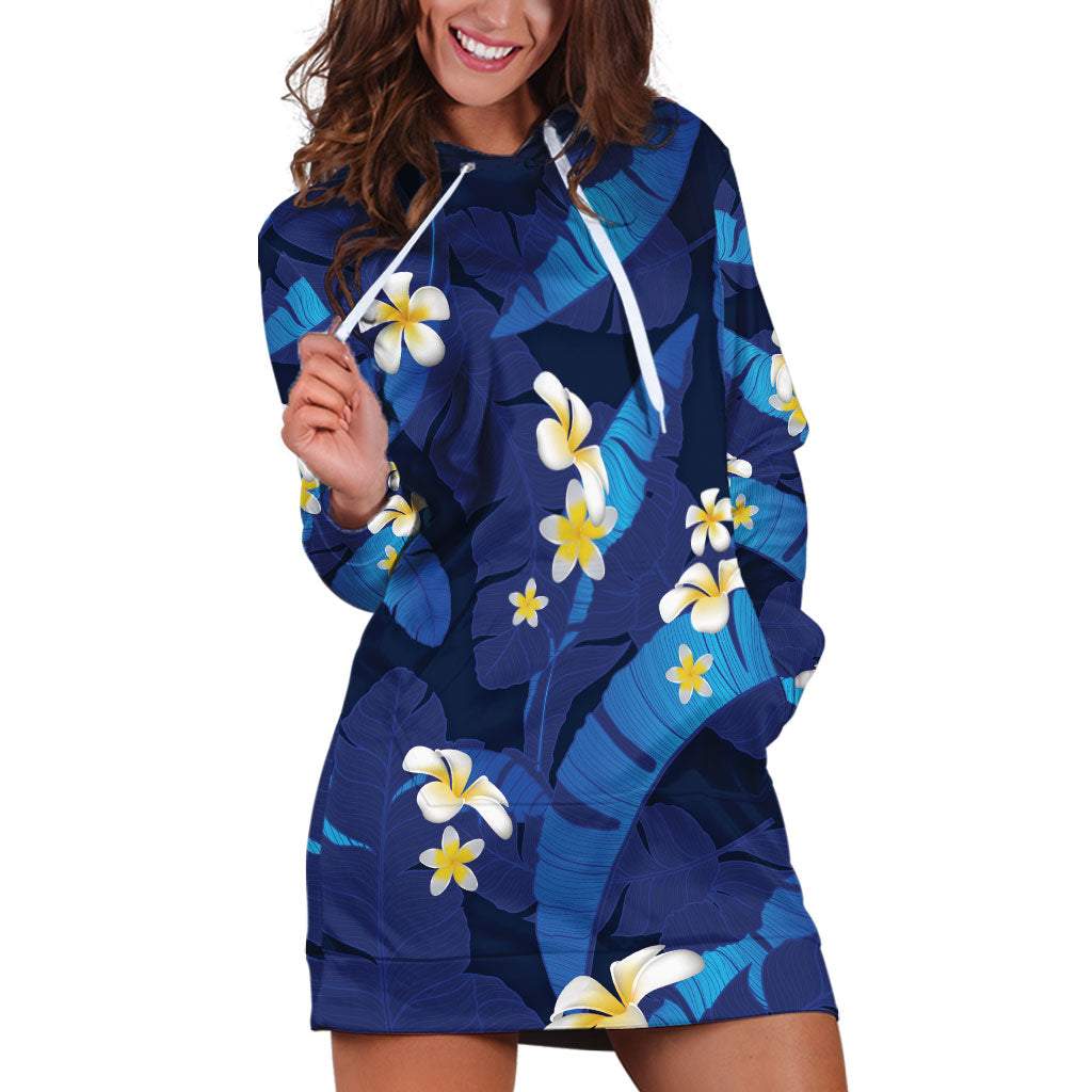 Teal Purple Banana Leaf Hawaii Hoodie Dress Lau Maia Plumeria Tropical Summer Vibes