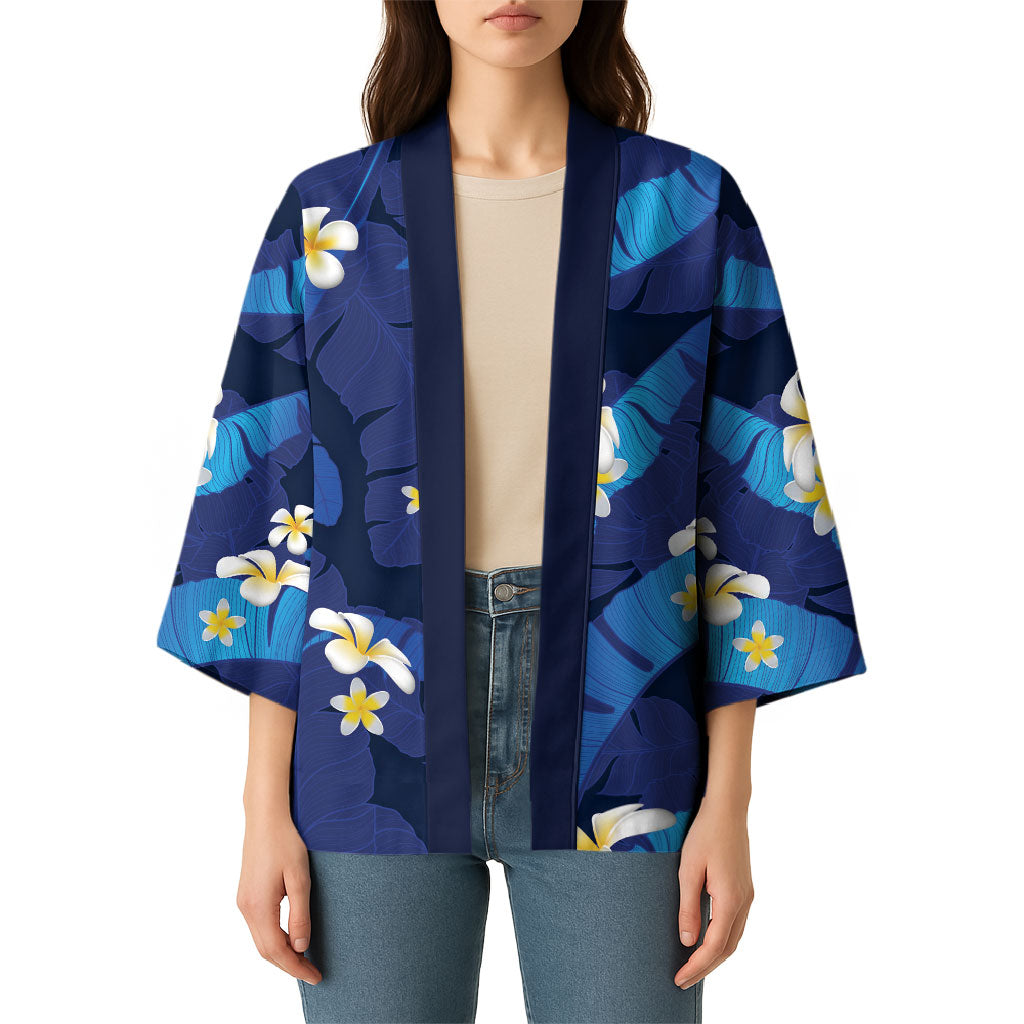 Teal Purple Banana Leaf Hawaii Kimono Lau Maia Plumeria Tropical Summer Vibes