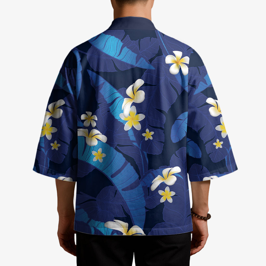 Teal Purple Banana Leaf Hawaii Kimono Lau Maia Plumeria Tropical Summer Vibes