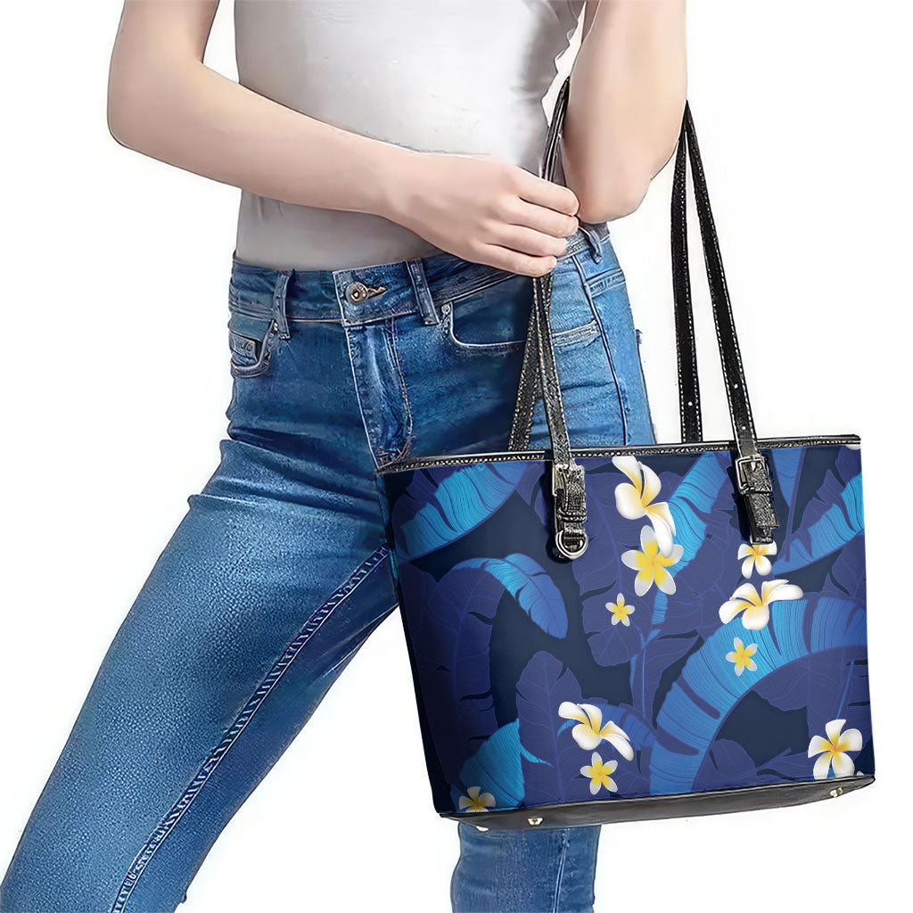 Teal Purple Banana Leaf Hawaii Leather Tote Bag Lau Maia Plumeria Tropical Summer Vibes