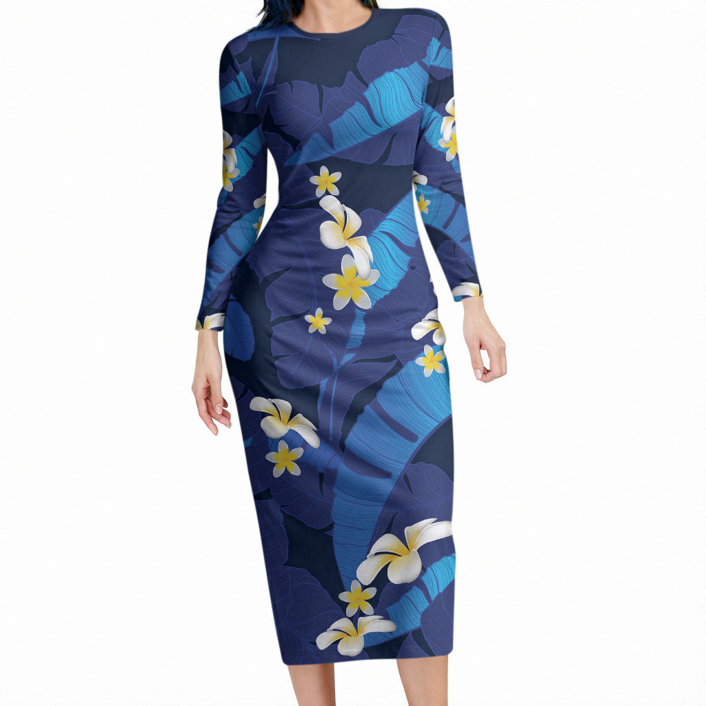Teal Purple Banana Leaf Hawaii Long Sleeve Bodycon Dress Lau Maia Plumeria Tropical Summer Vibes