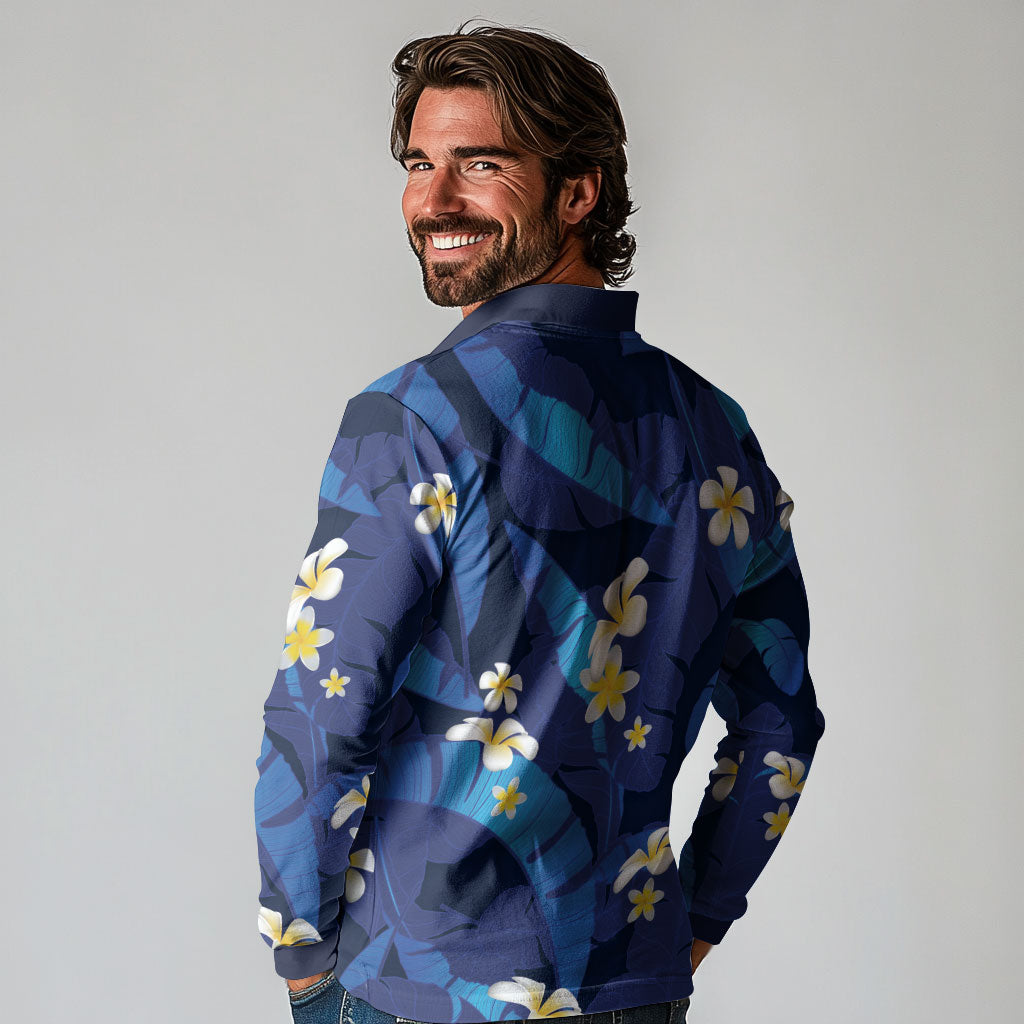 Teal Purple Banana Leaf Hawaii Long Sleeve Polo Shirt Lau Maia Plumeria Tropical Summer Vibes
