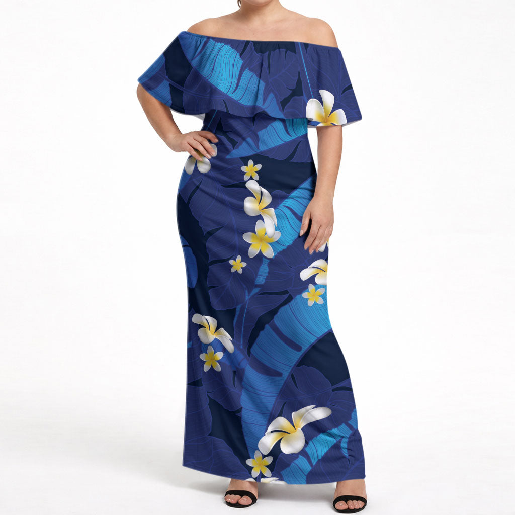 Teal Purple Banana Leaf Hawaii Off Shoulder Maxi Dress Lau Maia Plumeria Tropical Summer Vibes