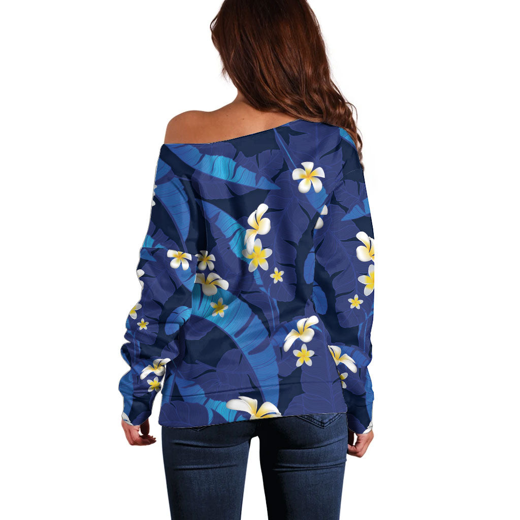 Teal Purple Banana Leaf Hawaii Off Shoulder Sweater Lau Maia Plumeria Tropical Summer Vibes