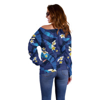 Teal Purple Banana Leaf Hawaii Off Shoulder Sweater Lau Maia Plumeria Tropical Summer Vibes